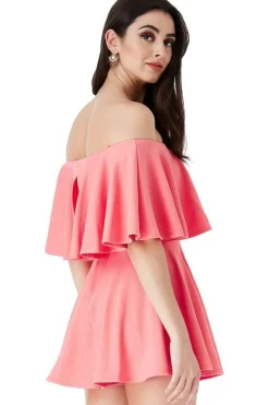 Off The Shoulder Frill Neck Skater Playsuit - Coral by Goddiva