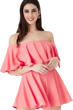 Off The Shoulder Frill Neck Skater Playsuit - Coral by Goddiva