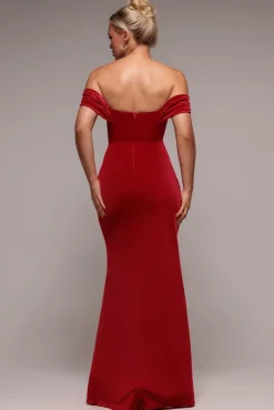 Off The Shoulder Front Split Velvet Maxi Dress - Red by Goddiva