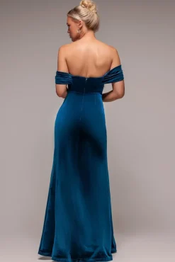 Off The Shoulder Front Split Velvet Maxi Dress - Teal by Goddiva