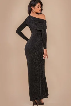 Off The Shoulder Gathered Panel Sparkle Lurex Maxi Dress - Black Gold by Goddiva