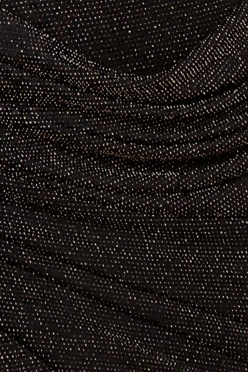 Off The Shoulder Gathered Panel Sparkle Lurex Maxi Dress - Black Gold by Goddiva