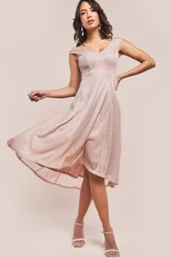 Off The Shoulder Lurex High Low Dress - Nude by Goddiva