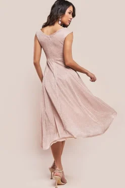 Off The Shoulder Lurex High Low Dress - Nude by Goddiva