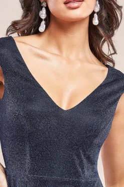 Off The Shoulder Lurex High Low Dress - Navy by Goddiva