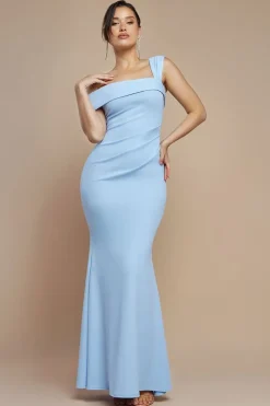 Off The Shoulder Pleated Waist Maxi Dress - Blue by Goddiva