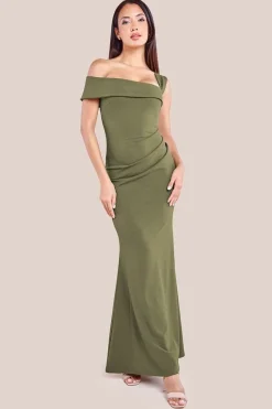 Off The Shoulder Pleated Waist Maxi Dress - Khaki by Goddiva