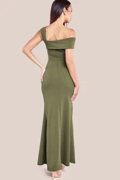 Off The Shoulder Pleated Waist Maxi Dress - Khaki by Goddiva