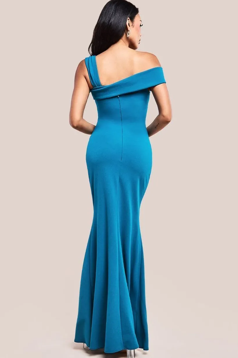 Off The Shoulder Pleated Waist Maxi Dress - Teal Blue by Goddiva