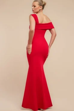 Off The Shoulder Pleated Waist Maxi Dress - Red by Goddiva