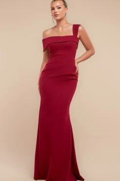Off The Shoulder Pleated Waist Maxi Dress - Wine by Goddiva