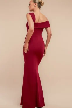 Off The Shoulder Pleated Waist Maxi Dress - Wine by Goddiva