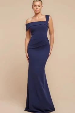Off The Shoulder Pleated Waist Maxi Dress - Navy by Goddiva
