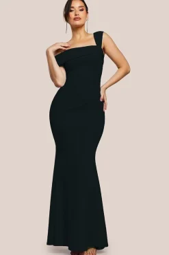 Off The Shoulder Pleated Waist Maxi Dress - Black by Goddiva