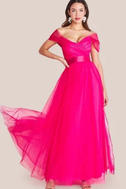 Off The Shoulder Princess Maxi Dress - Hot Pink by Goddiva
