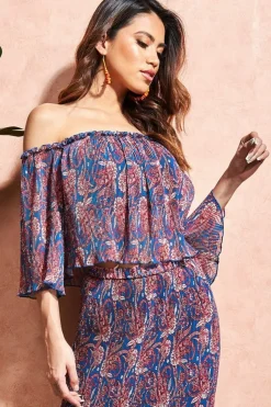 Off The Shoulder Printed Crop Top - Blue by City Goddess