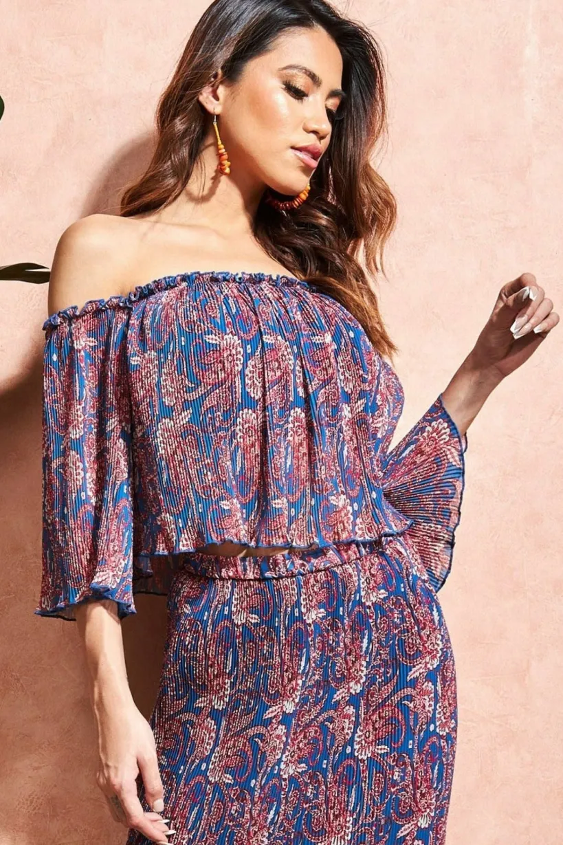 Off The Shoulder Printed Crop Top - Blue by City Goddess