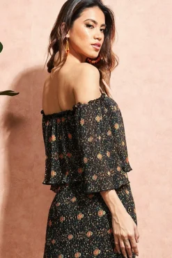Off The Shoulder Printed Crop Top - Black by City Goddess