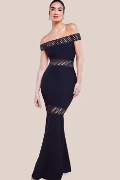 Off The Shoulder Ribbed Bodycon Maxi Dress - Black by Goddiva