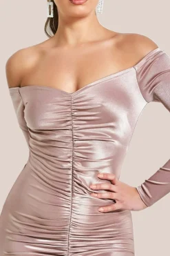 Off The Shoulder Ruched Mini - Champagne by Goddiva