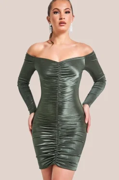 Off The Shoulder Ruched Mini - Khaki by Goddiva