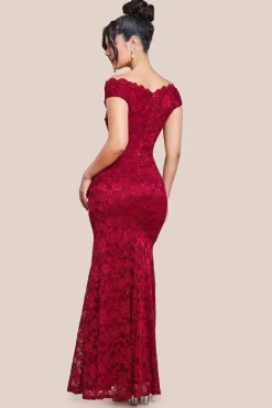 Off The Shoulder Scalloped Neck Maxi Dress - Wine by Goddiva