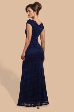 Off The Shoulder Scalloped Neck Maxi Dress - Navy Blue by Goddiva