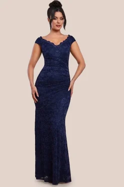 Off The Shoulder Scalloped Neck Maxi Dress - Navy Blue by Goddiva