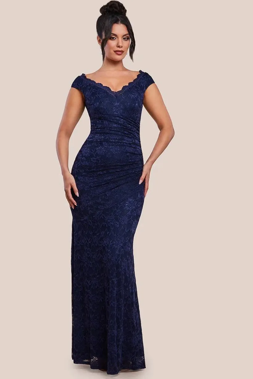 Off The Shoulder Scalloped Neck Maxi Dress - Navy Blue by Goddiva