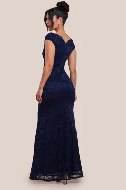 Off The Shoulder Scalloped Neck Maxi Dress - Navy Blue by Goddiva