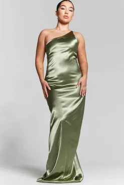 Olive Green One Shoulder Silky Maxi Dress by InFlair