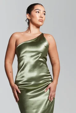 Olive Green One Shoulder Silky Maxi Dress by InFlair