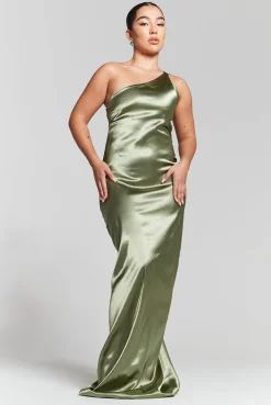 Olive Green One Shoulder Silky Maxi Dress by InFlair
