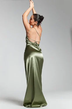 Olive Green One Shoulder Silky Maxi Dress by InFlair