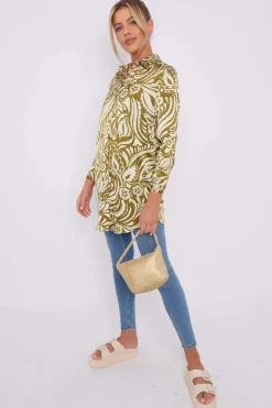 Olive Green Paisley Print Satin Long Shirt by LOVE SUNSHINE
