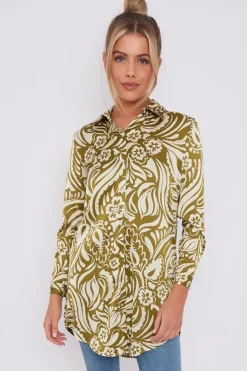 Olive Green Paisley Print Satin Long Shirt by LOVE SUNSHINE