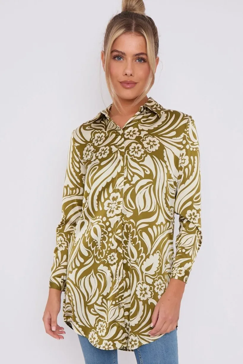 Olive Green Paisley Print Satin Long Shirt by LOVE SUNSHINE