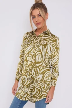 Olive Green Paisley Print Satin Long Shirt by LOVE SUNSHINE