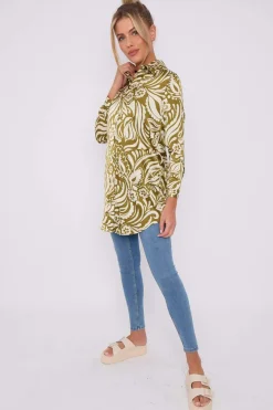 Olive Green Paisley Print Satin Long Shirt by LOVE SUNSHINE
