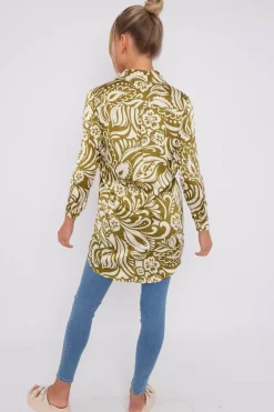 Olive Green Paisley Print Satin Long Shirt by LOVE SUNSHINE