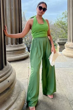 Olive Green Pleated Wide Leg Trouser by InFlair