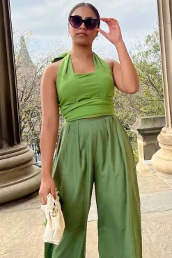 Olive Green Pleated Wide Leg Trouser by InFlair