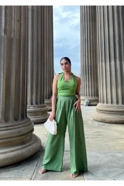 Olive Green Pleated Wide Leg Trouser by InFlair