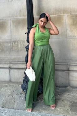 Olive Green Pleated Wide Leg Trouser by InFlair
