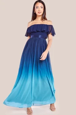 Ombre Chiffon Bardot Frill A-line Maxi Dress - Navy Ombre by Goddiva