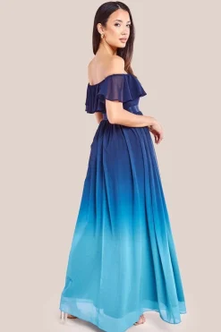 Ombre Chiffon Bardot Frill A-line Maxi Dress - Navy Ombre by Goddiva