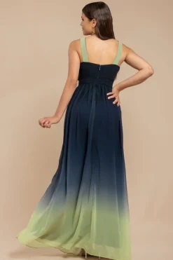 Ombre Cross Front Pleated Maxi Dress - Lime Ombre by Goddiva