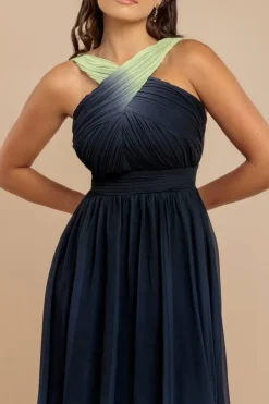 Ombre Cross Front Pleated Maxi Dress - Lime Ombre by Goddiva