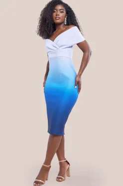Ombre Front Wrap Bardot Midi Dress - Light Blue by Goddiva