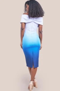 Ombre Front Wrap Bardot Midi Dress - Light Blue by Goddiva